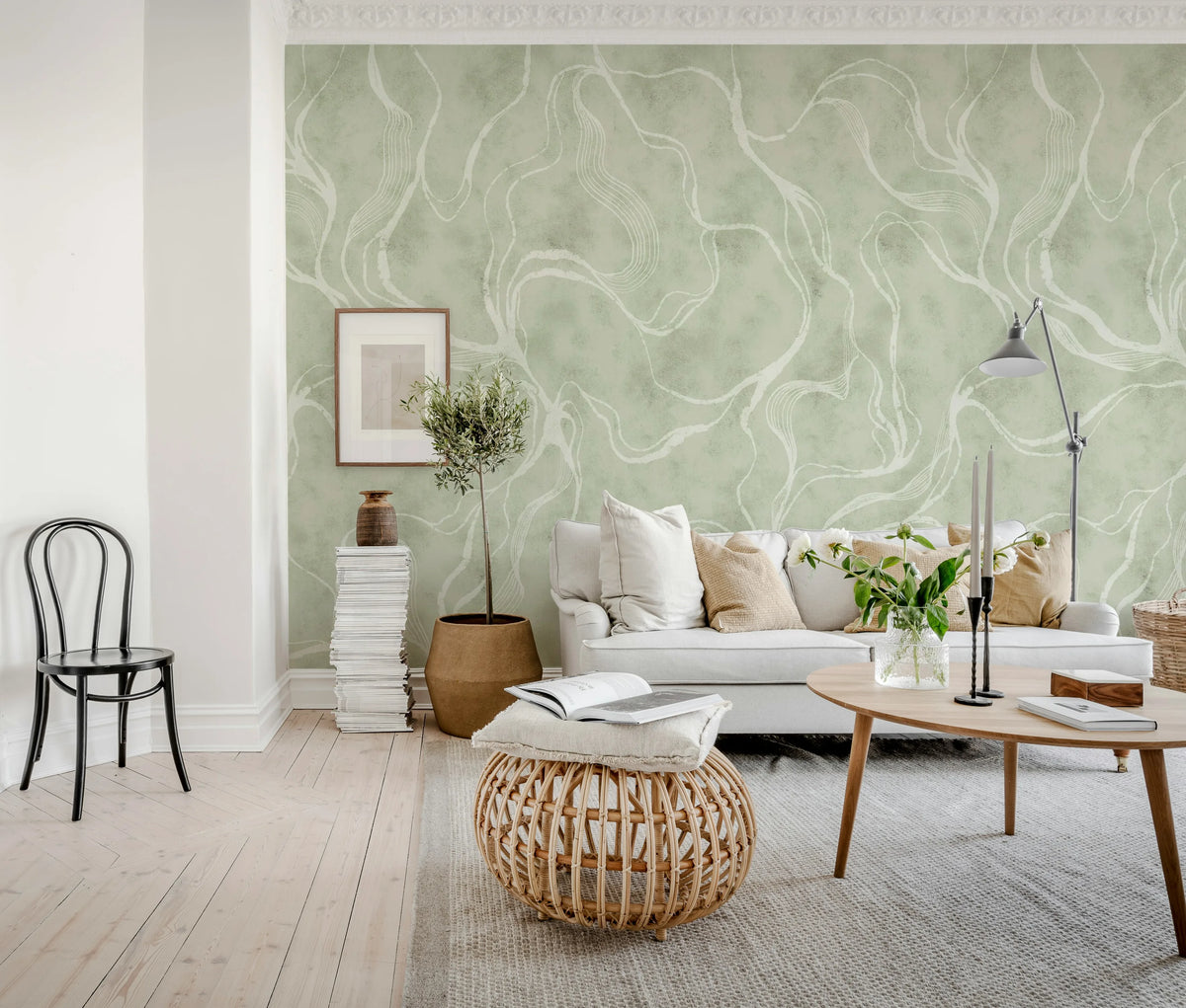 Soft Curve, Green Mural Wallpaper - room preview 03
