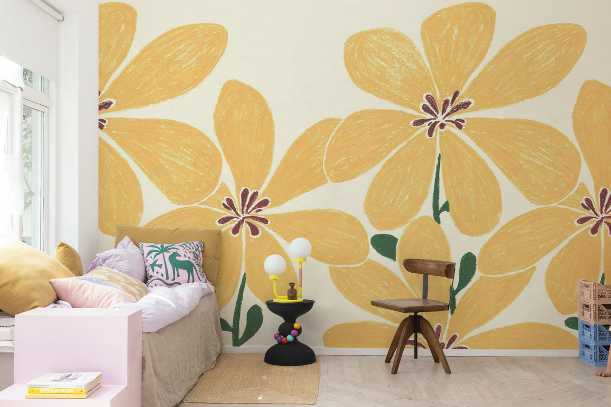 Sketched Flower, Yellow Mural Wallpaper - room preview 03