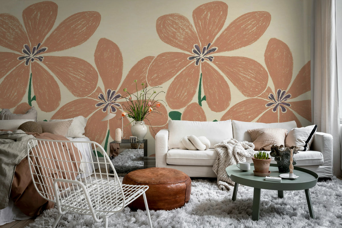 Sketched Flower, Red Mural Wallpaper - room preview 03