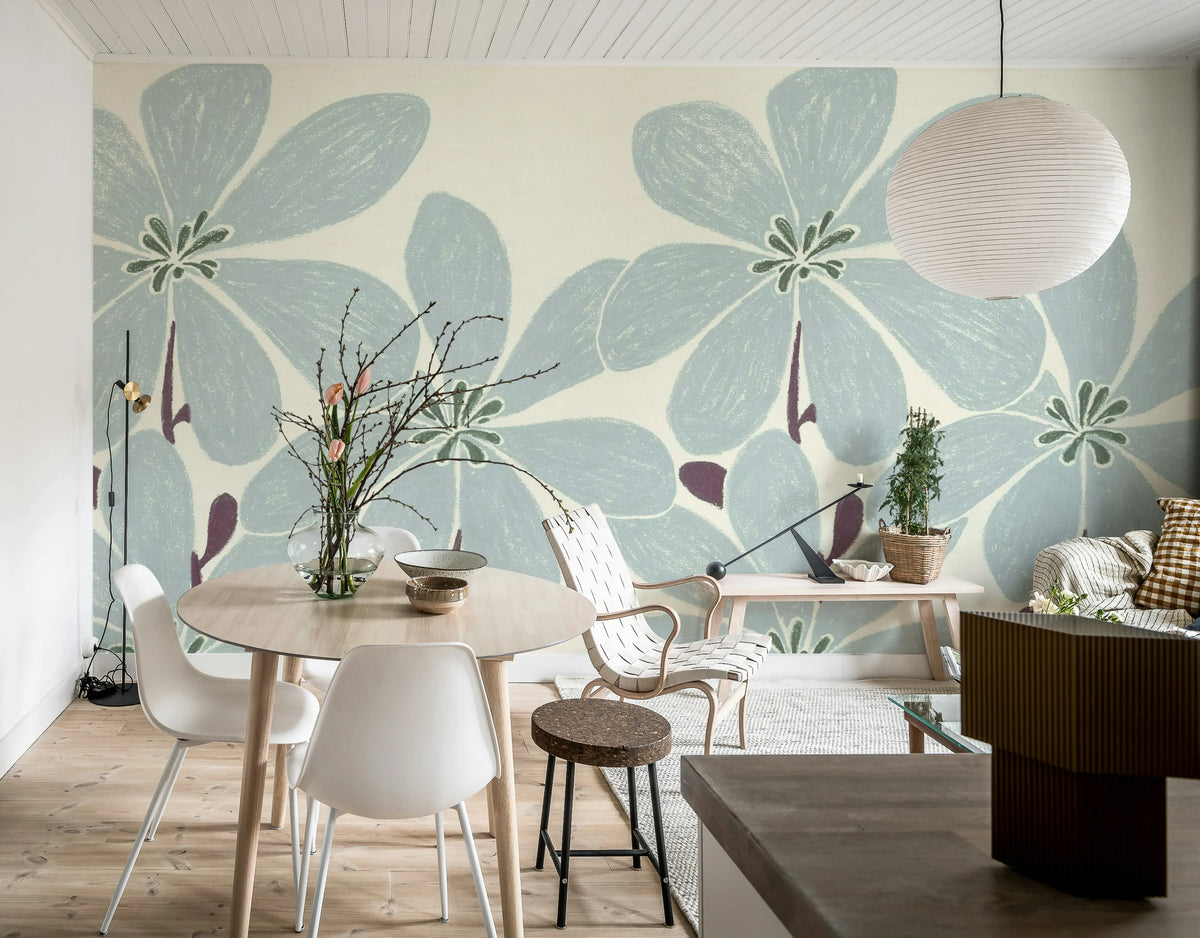 Sketched Flower, Blue Mural Wallpaper - room preview 03