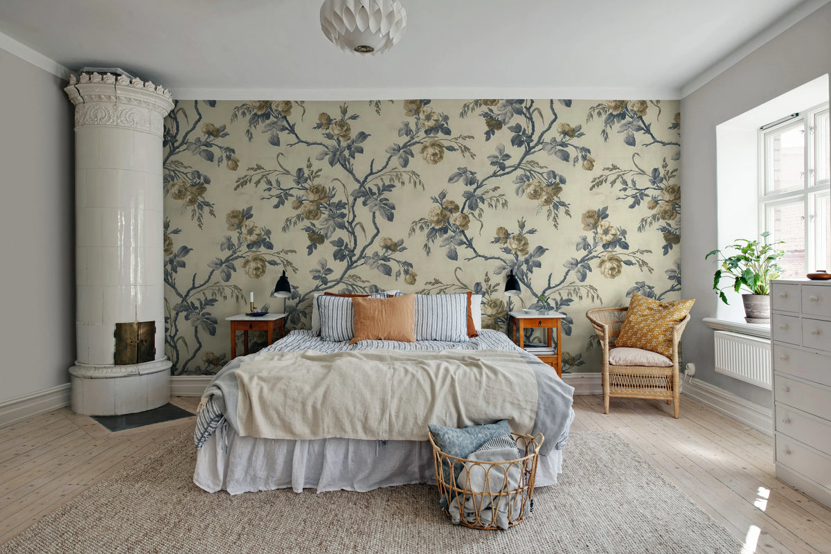 Rose Garland, Blue Mural Wallpaper - room preview 03