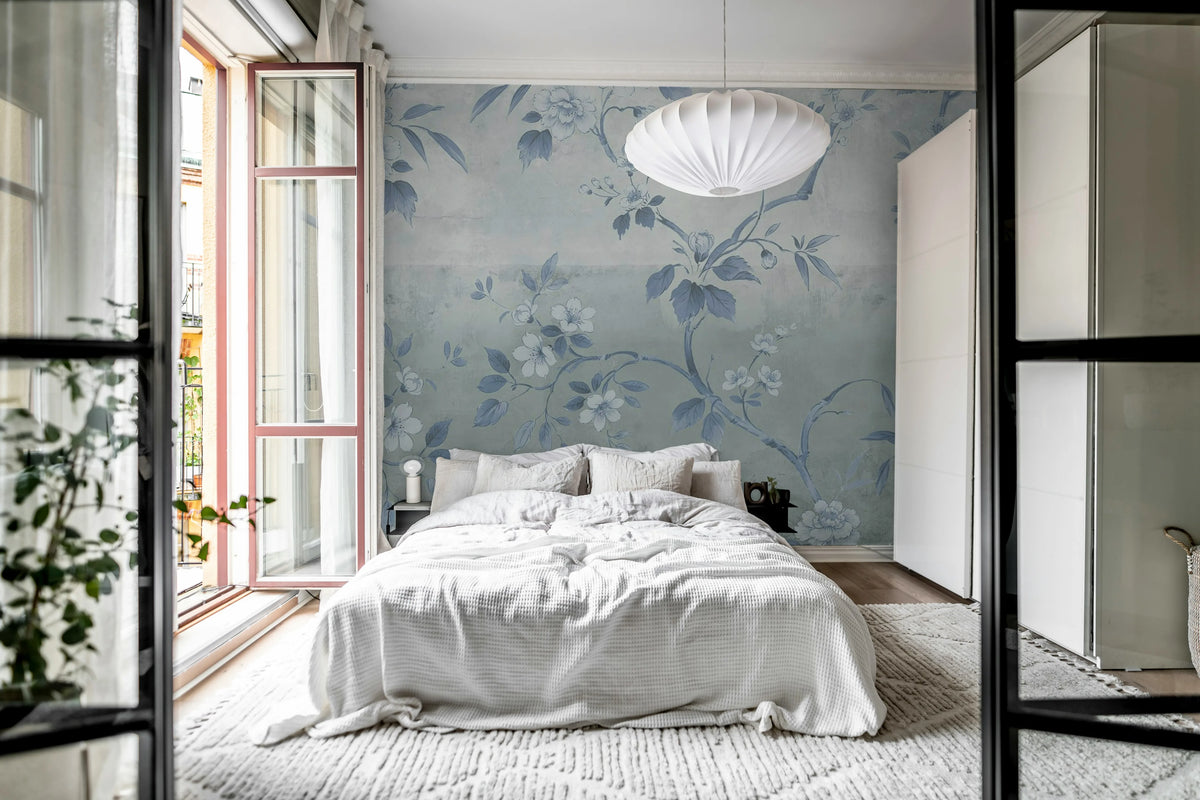 Concrete Flowers, Blue Mural Wallpaper - room preview 03