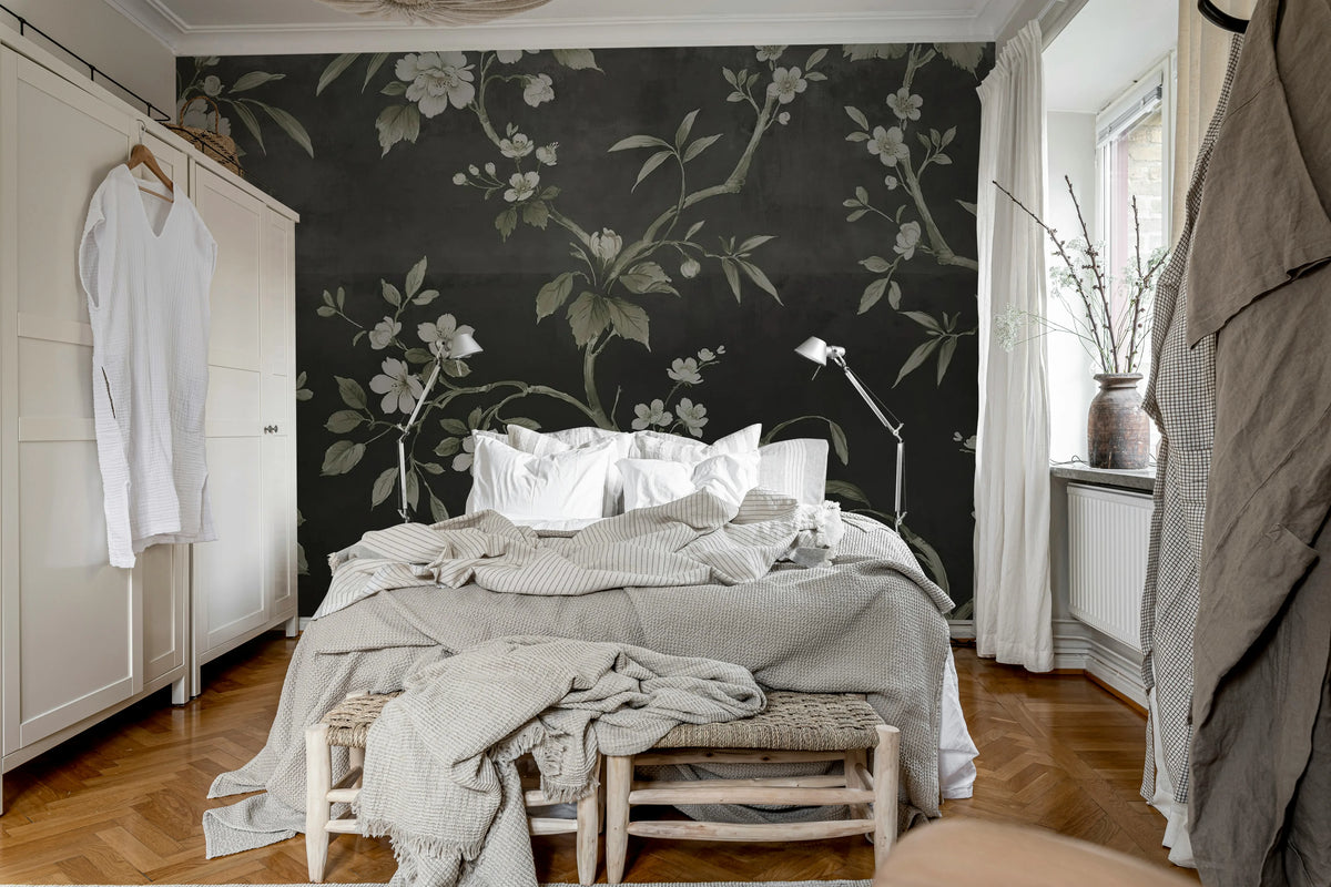 Concrete Flowers, Black Mural Wallpaper - room preview 03