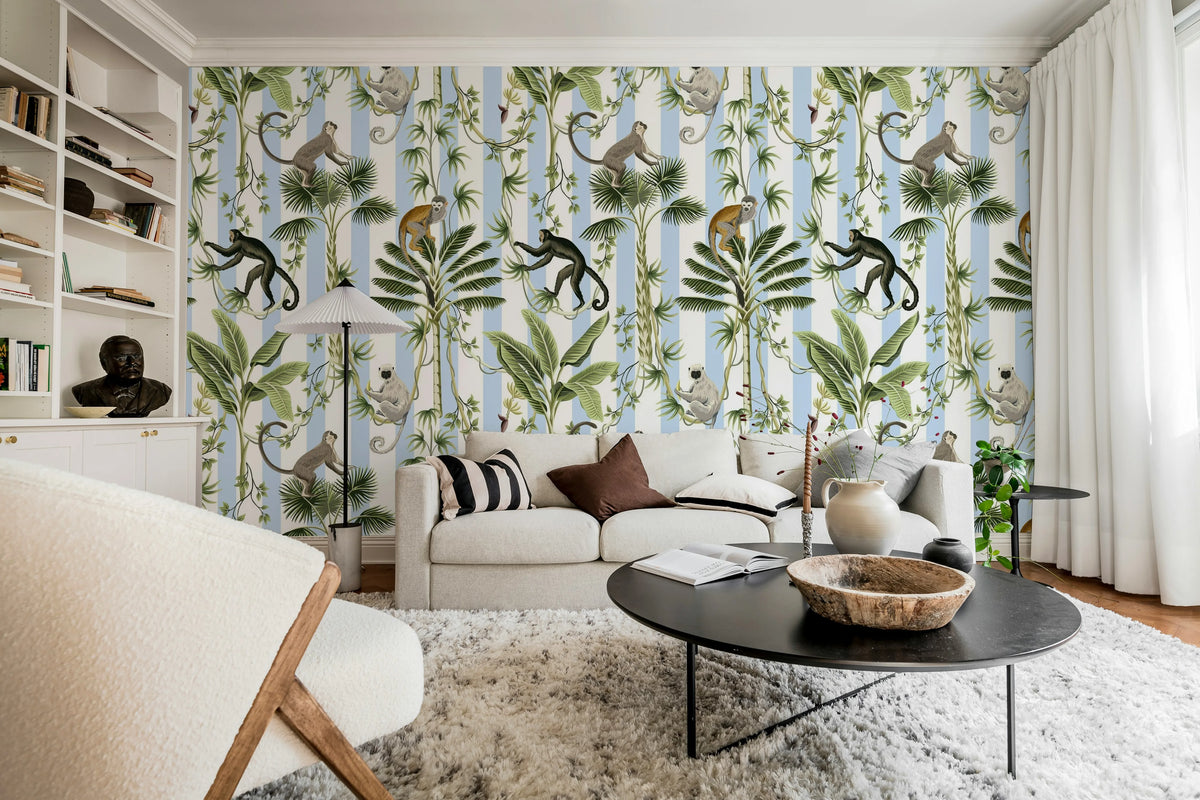 Monkey Stripes, Blue Mural Wallpaper - room preview 03