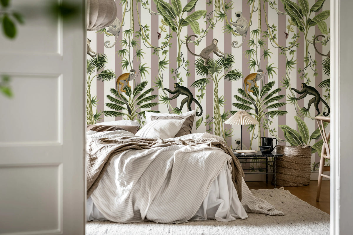 Monkey Stripes, Greige Mural Wallpaper - room preview 03