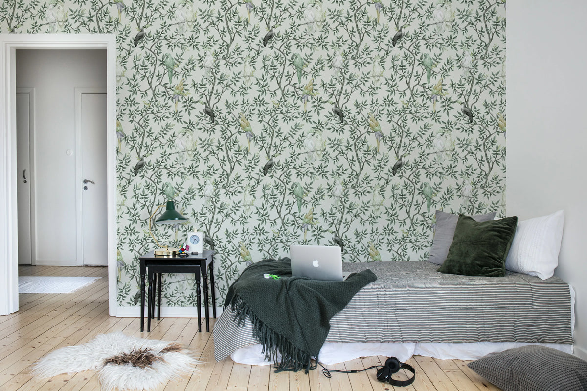 Parrot Shrubbery, Green Mural Wallpaper - room preview 03