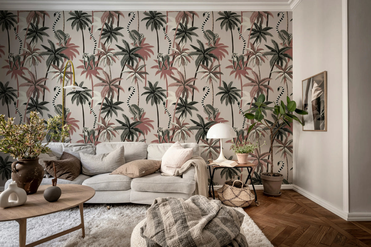 Lemur Palms, Burgundy Mural Wallpaper - room preview 03