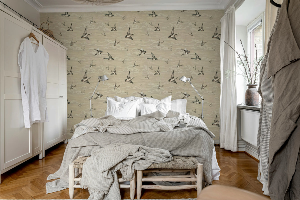 Swallow Sky, Beige Mural Wallpaper - room preview 03