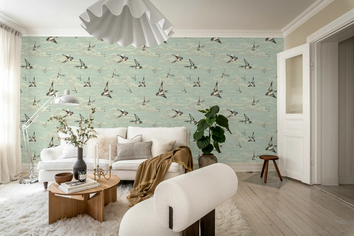 Swallow Sky, Vintage Blue Mural Wallpaper - room preview 03