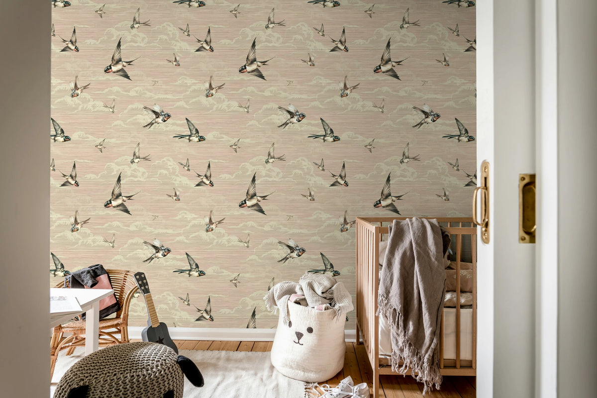 Swallow Sky, Dusty Pink Mural Wallpaper - room preview 03
