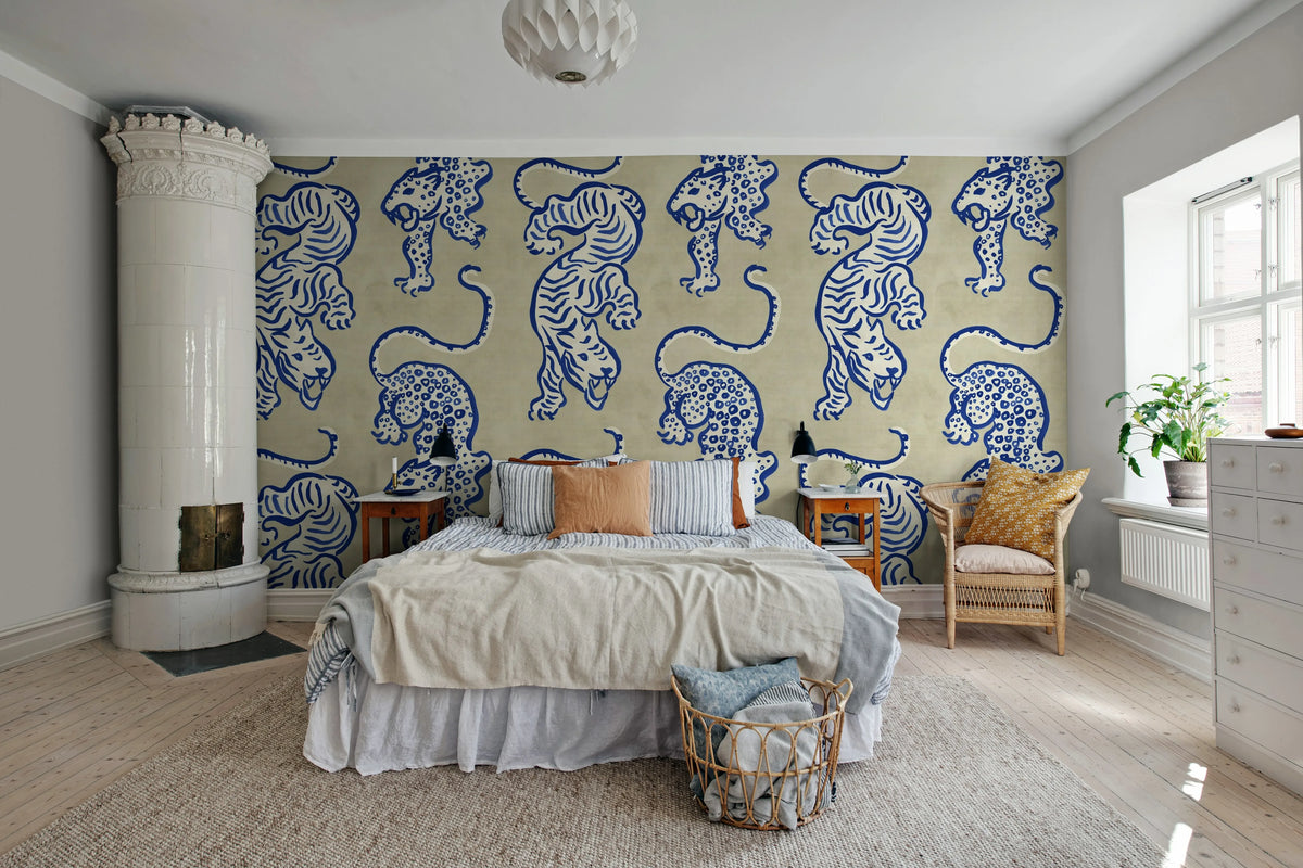 Ink Tiger, Blue Mural Wallpaper - room preview 03