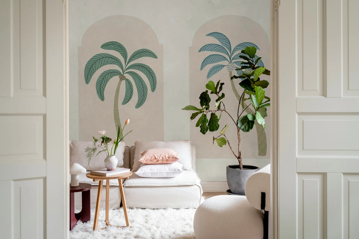 Palm Arches, Green & Pink Mural Wallpaper - room preview 03