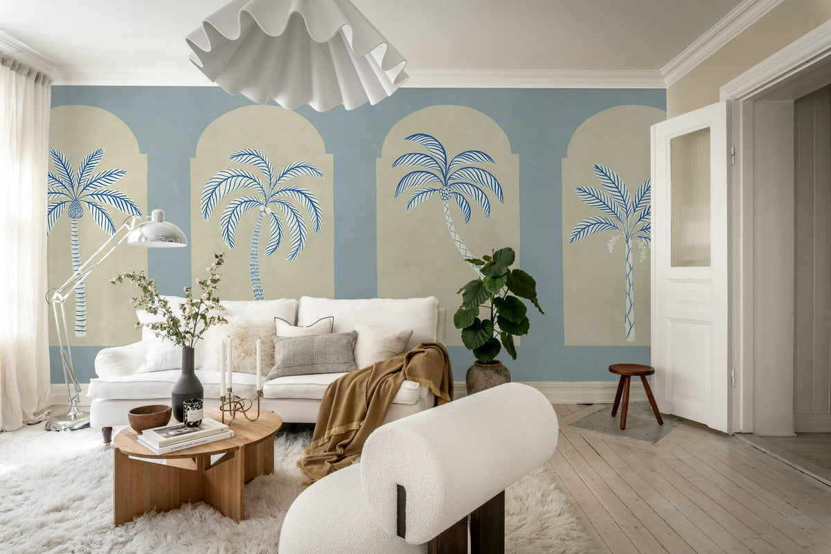 Palm Arches, Blue Mural Wallpaper - room preview 03