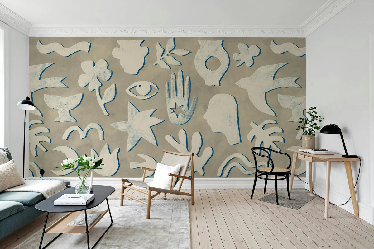 Symbolic, Blue & Beige Mural Wallpaper - room preview 03