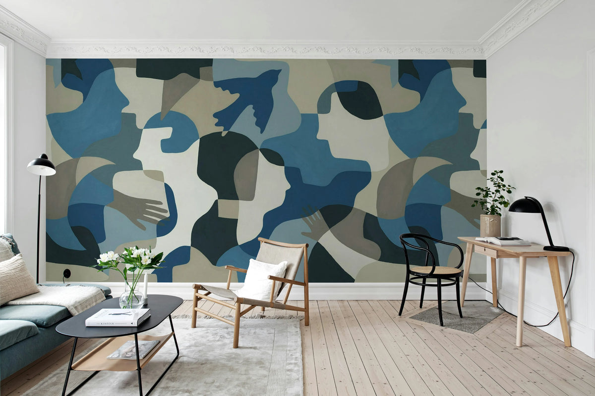 Silent Conversation, Blue Mural Wallpaper - room preview 03