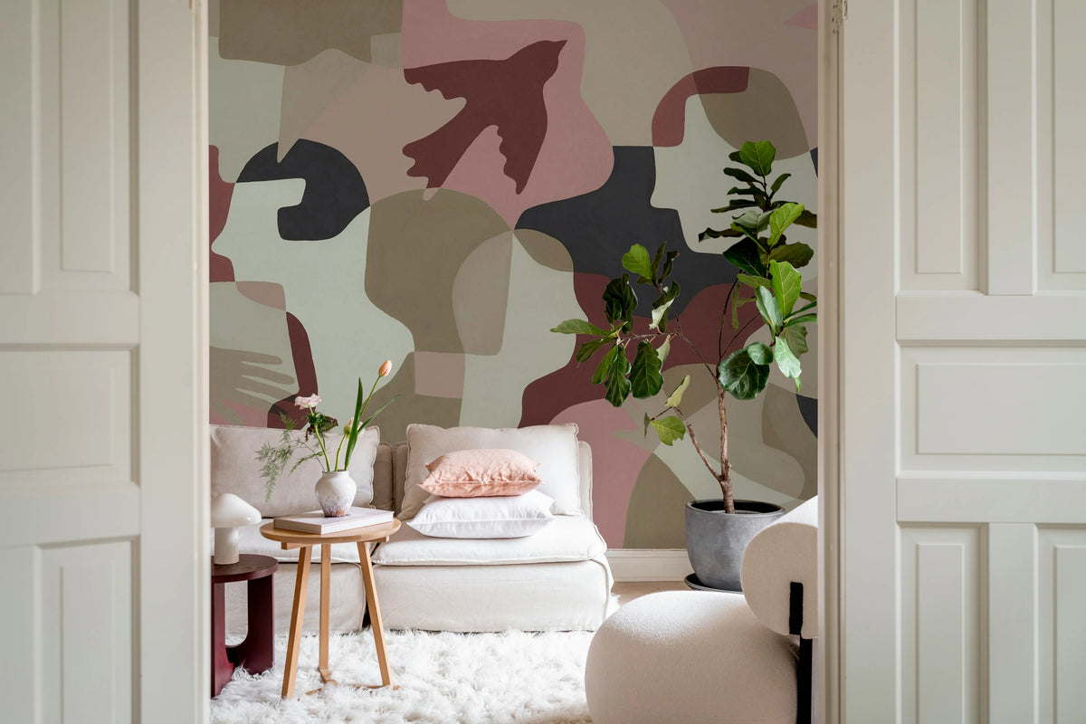 Silent Conversation, Pink & Red Mural Wallpaper - room preview 03