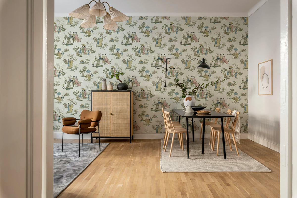 Toile Conversation, Beige Mural Wallpaper - room preview 03