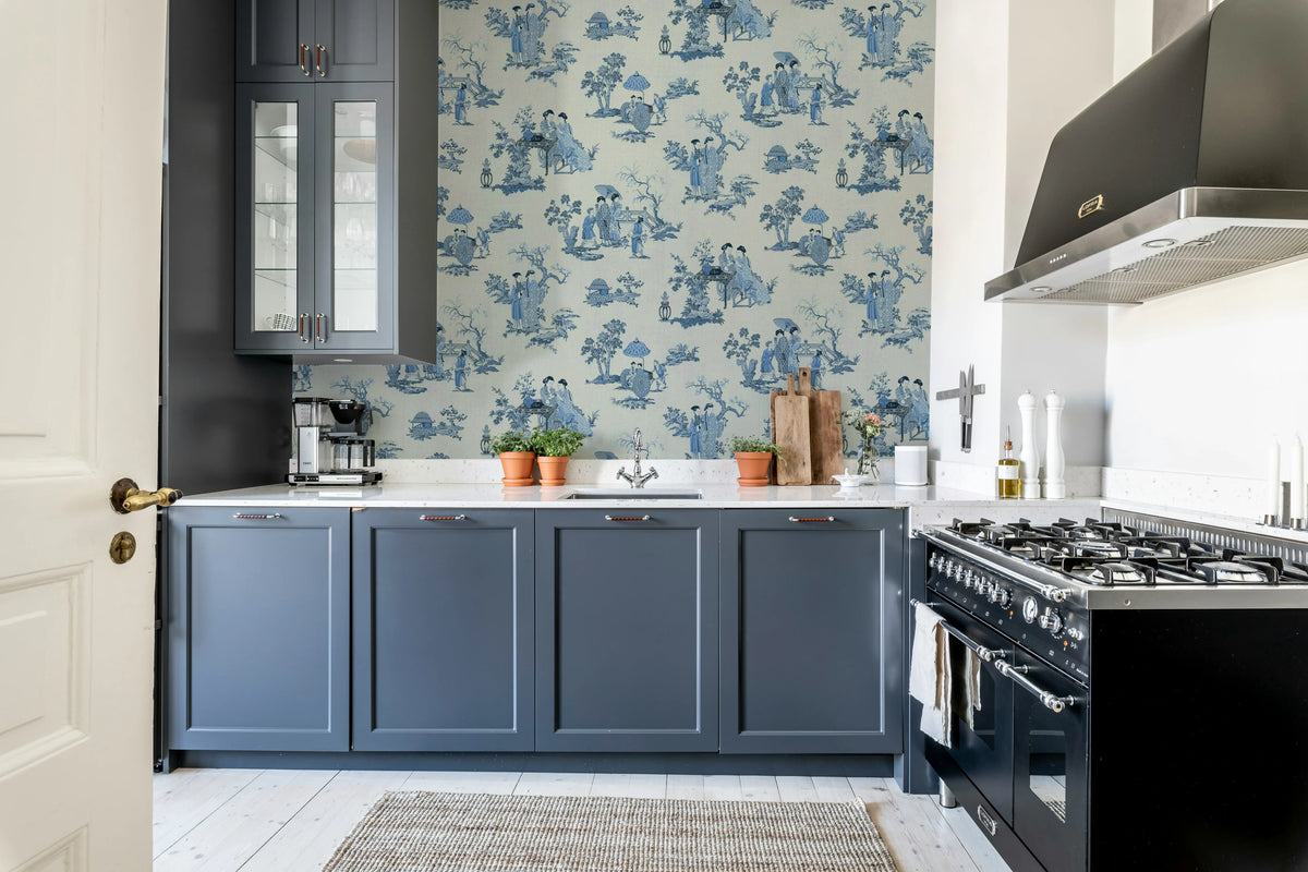 Toile Conversation, Blue Mural Wallpaper - room preview 03