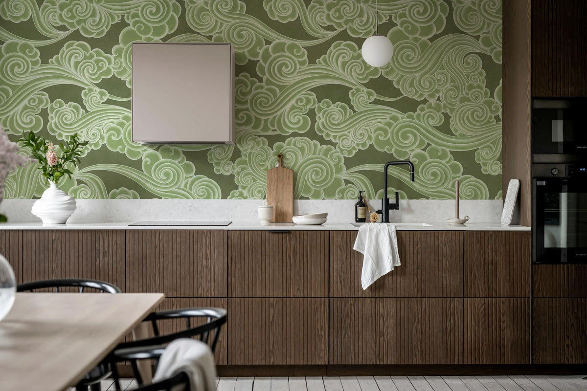 Kumo, Green Mural Wallpaper - room preview 03