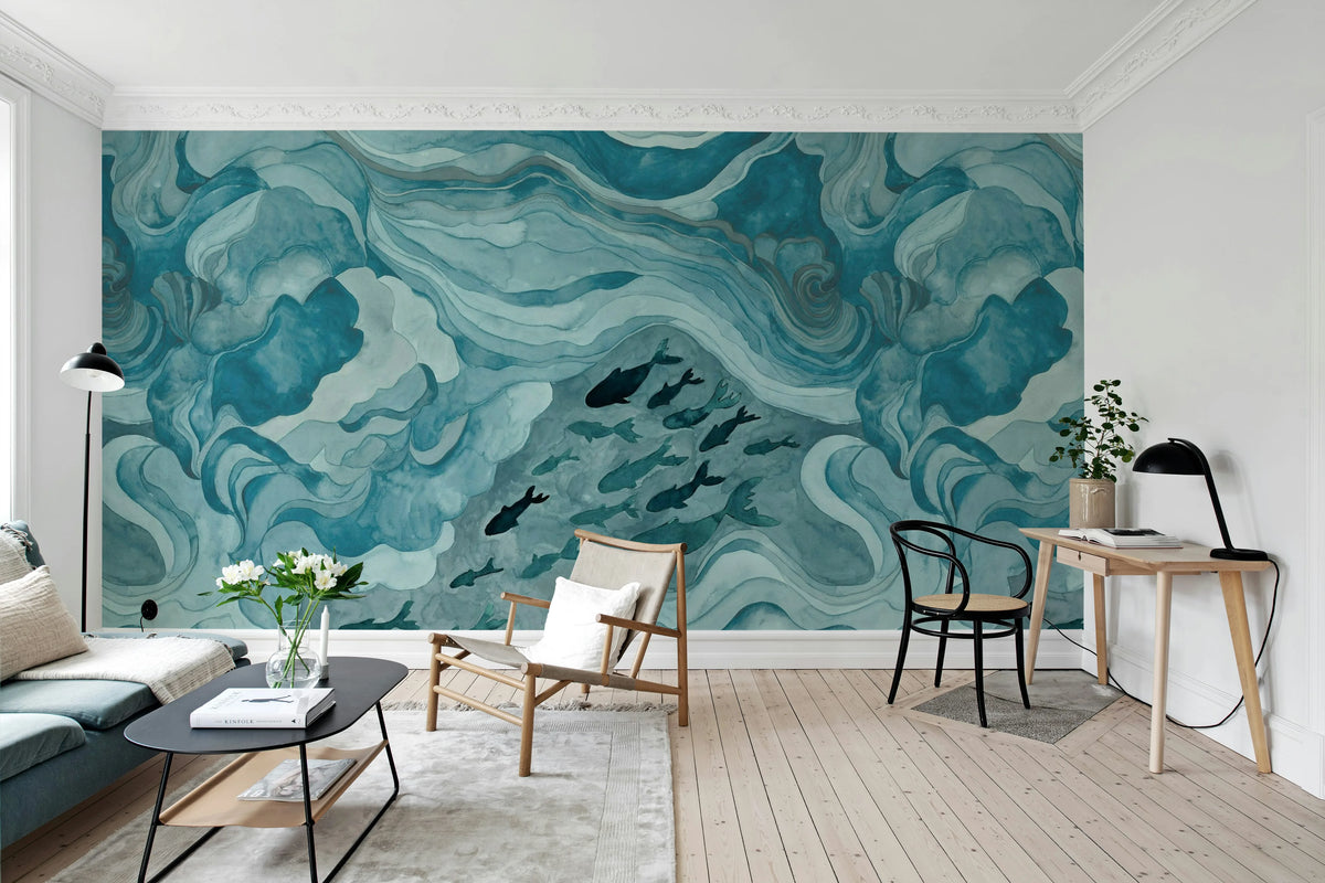 Silent Stream, Blue Mural Wallpaper - room preview 03