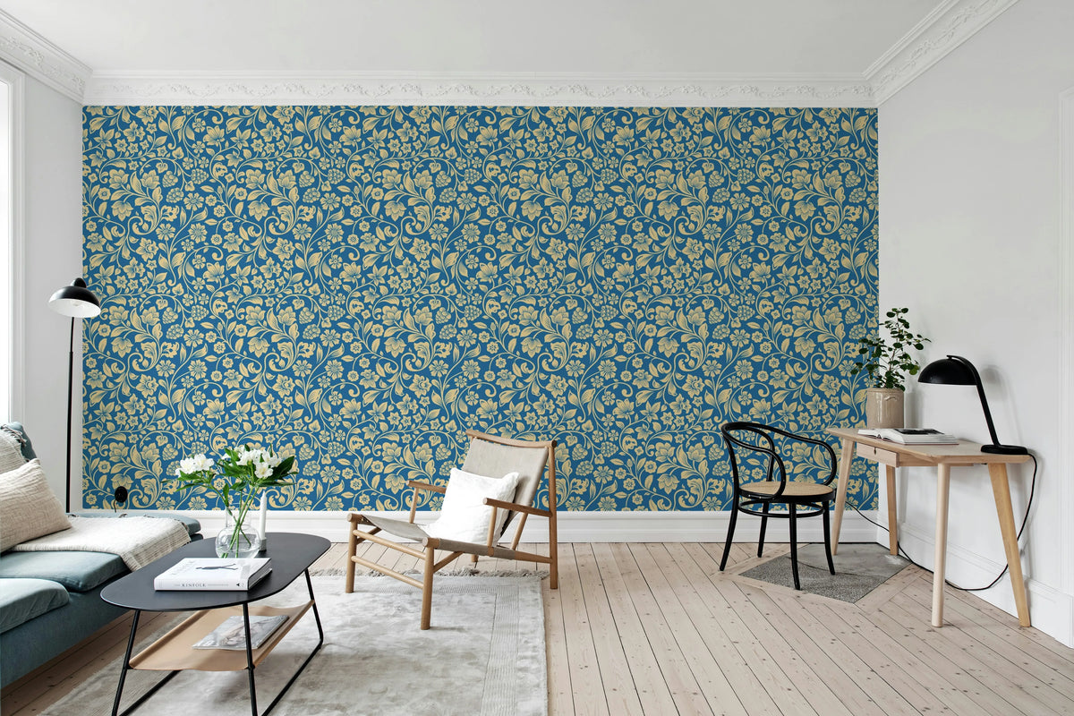 Floral Opulence, Blue Mural Wallpaper - room preview 03