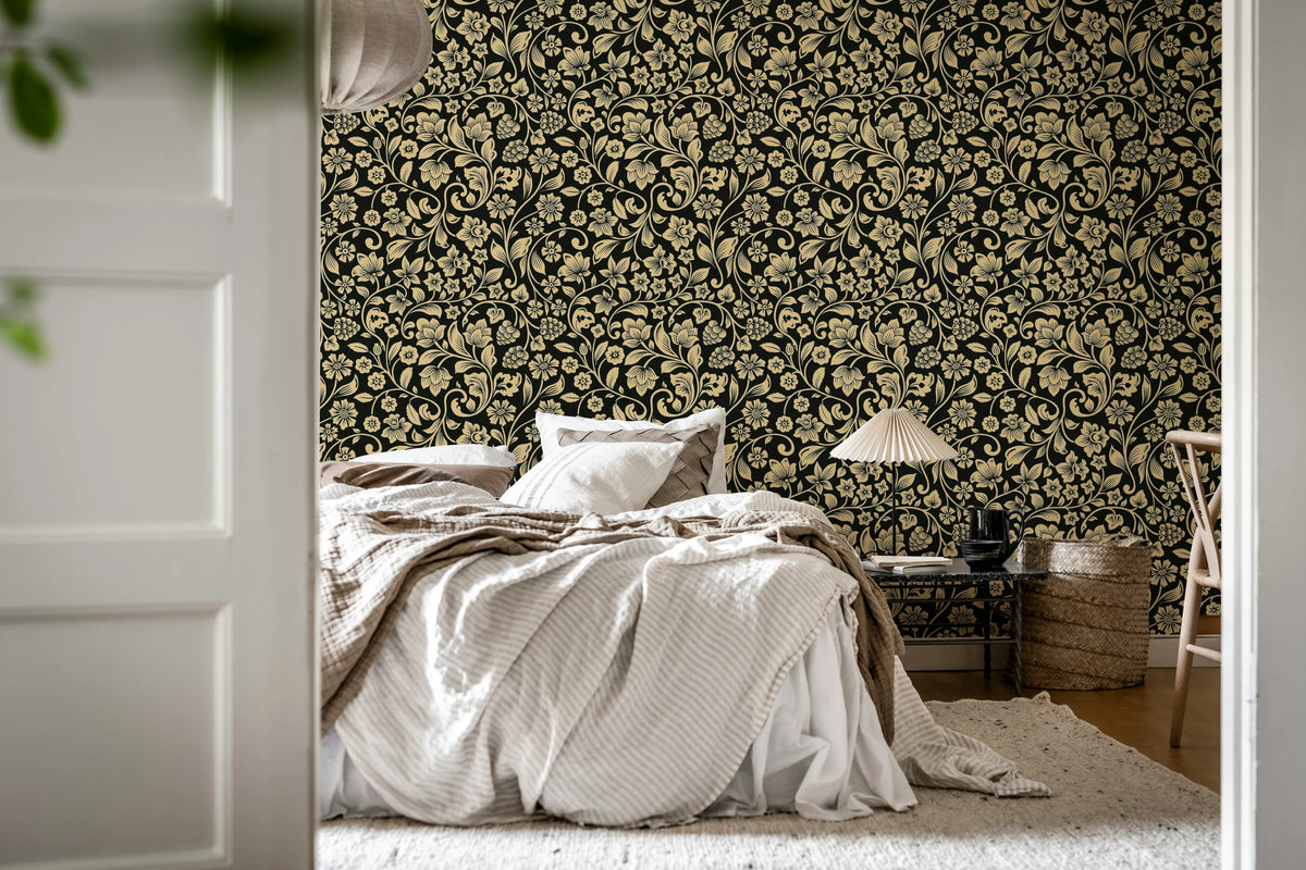 Floral Opulence, Black Mural Wallpaper - room preview 03