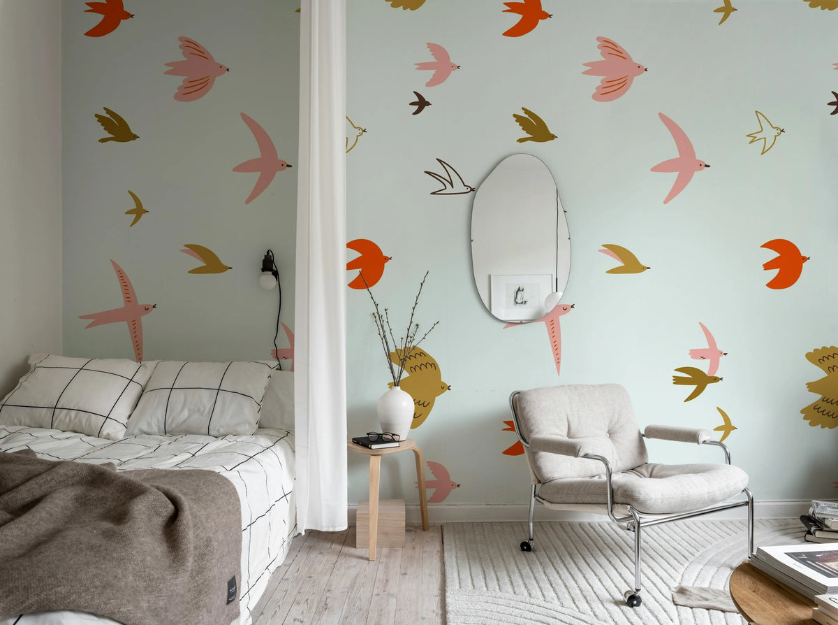 Flying Birds, Light Blue Mural Wallpaper - room preview 03