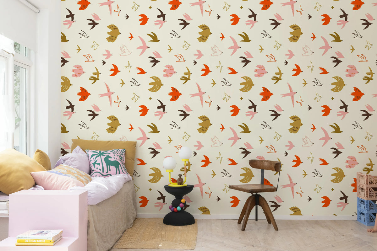 Flying Birds, Pink Mural Wallpaper - room preview 03