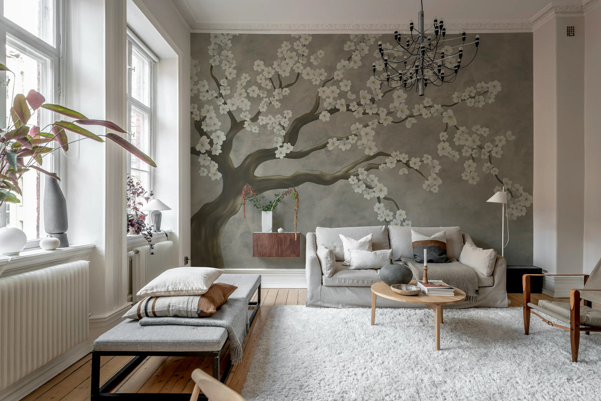 Calm Blossom, White Mural Wallpaper - room preview 03