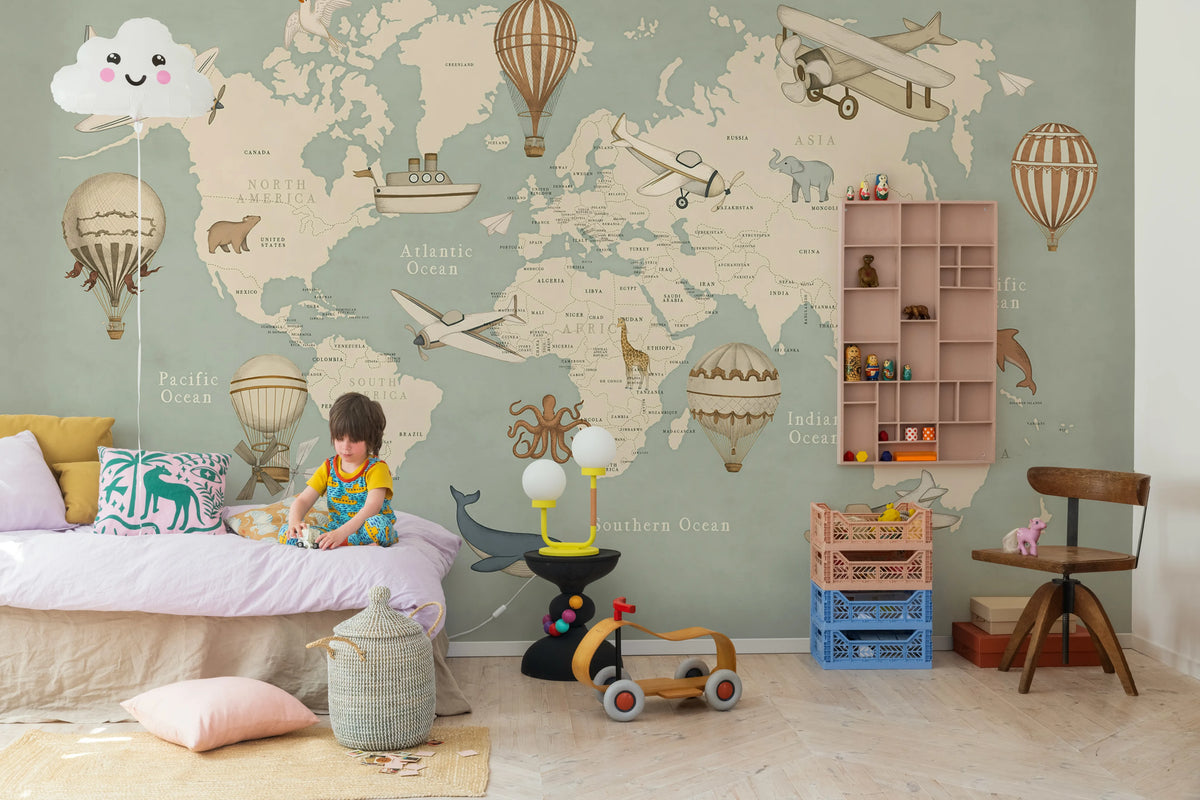 Playful World, Blue Mural Wallpaper - room preview 03