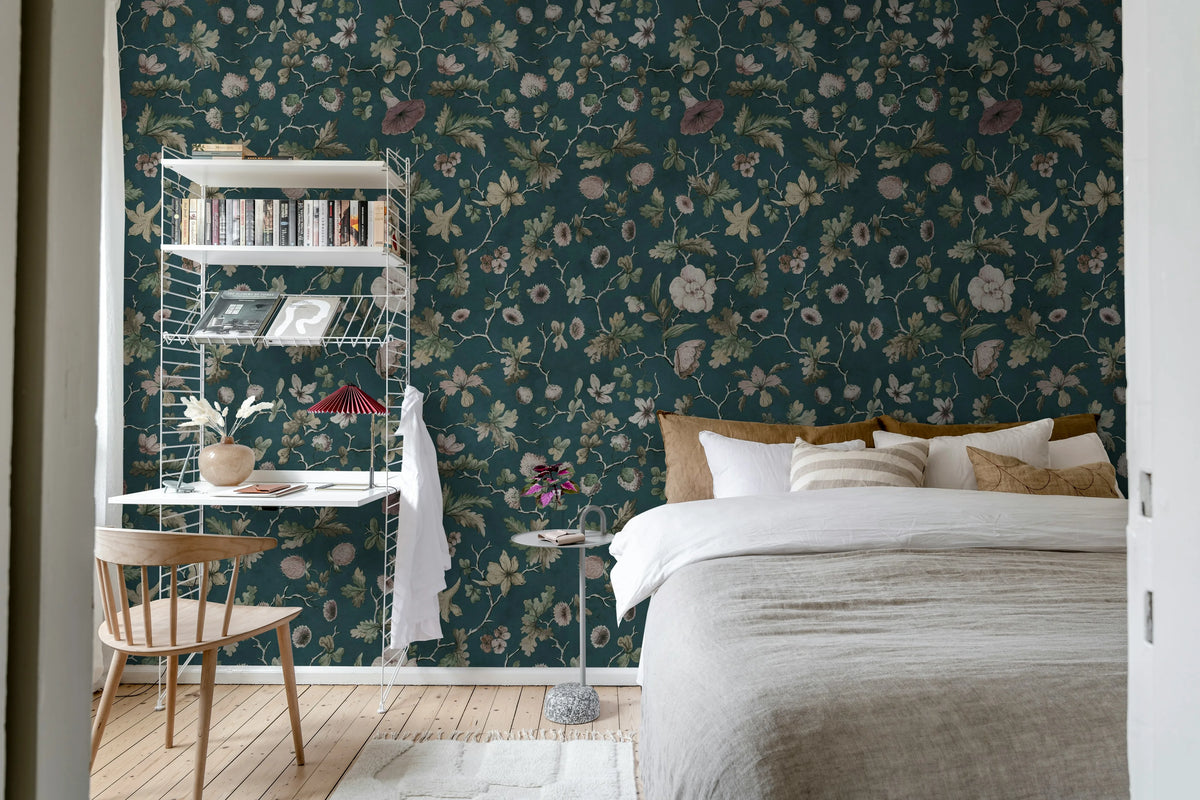 Verdant Bloom, Blue Mural Wallpaper - room preview 03