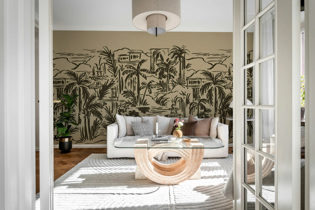 Palm Oasis, Black Mural Wallpaper - room preview 03