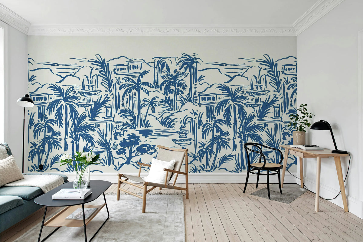 Palm Oasis, Blue Mural Wallpaper - room preview 03