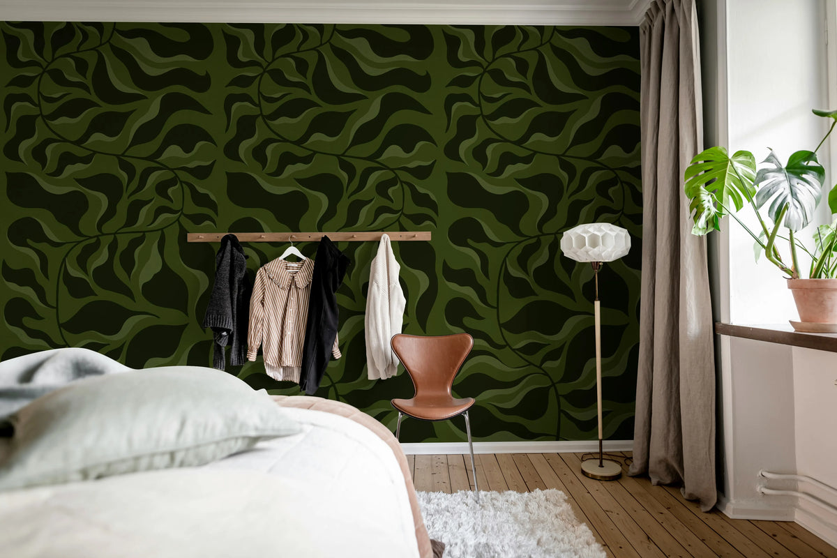 Bold Botanica, Dark Green Mural Wallpaper - room preview 03