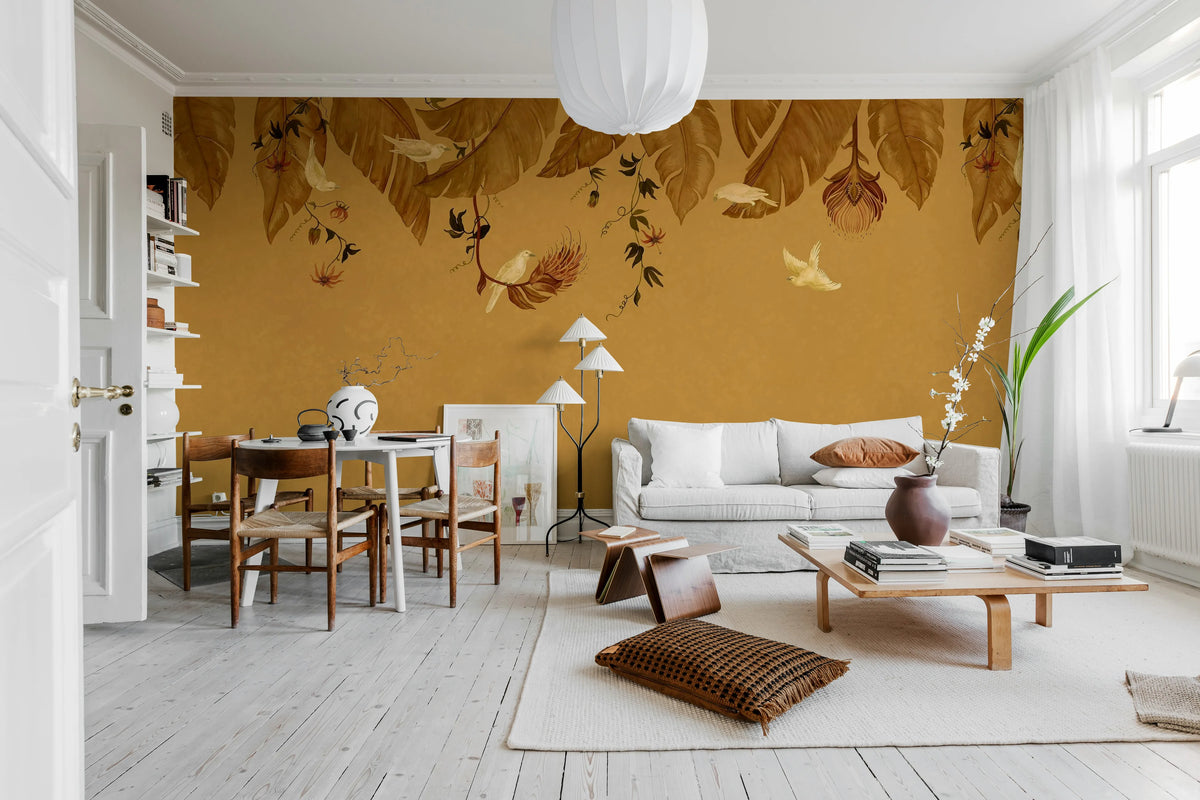 Birds in the Trees, Orange Mural Wallpaper - room preview 03