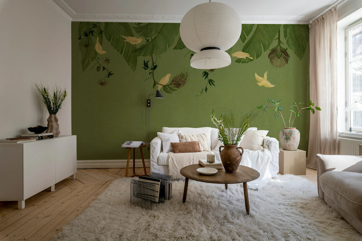 Birds in the Trees, Green Mural Wallpaper - room preview 03