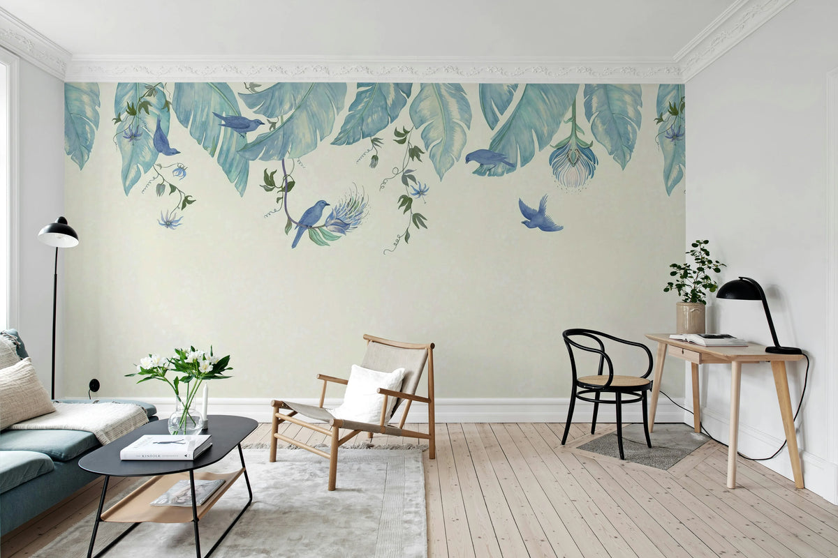 Birds in the Trees, Blue Mural Wallpaper - room preview 03