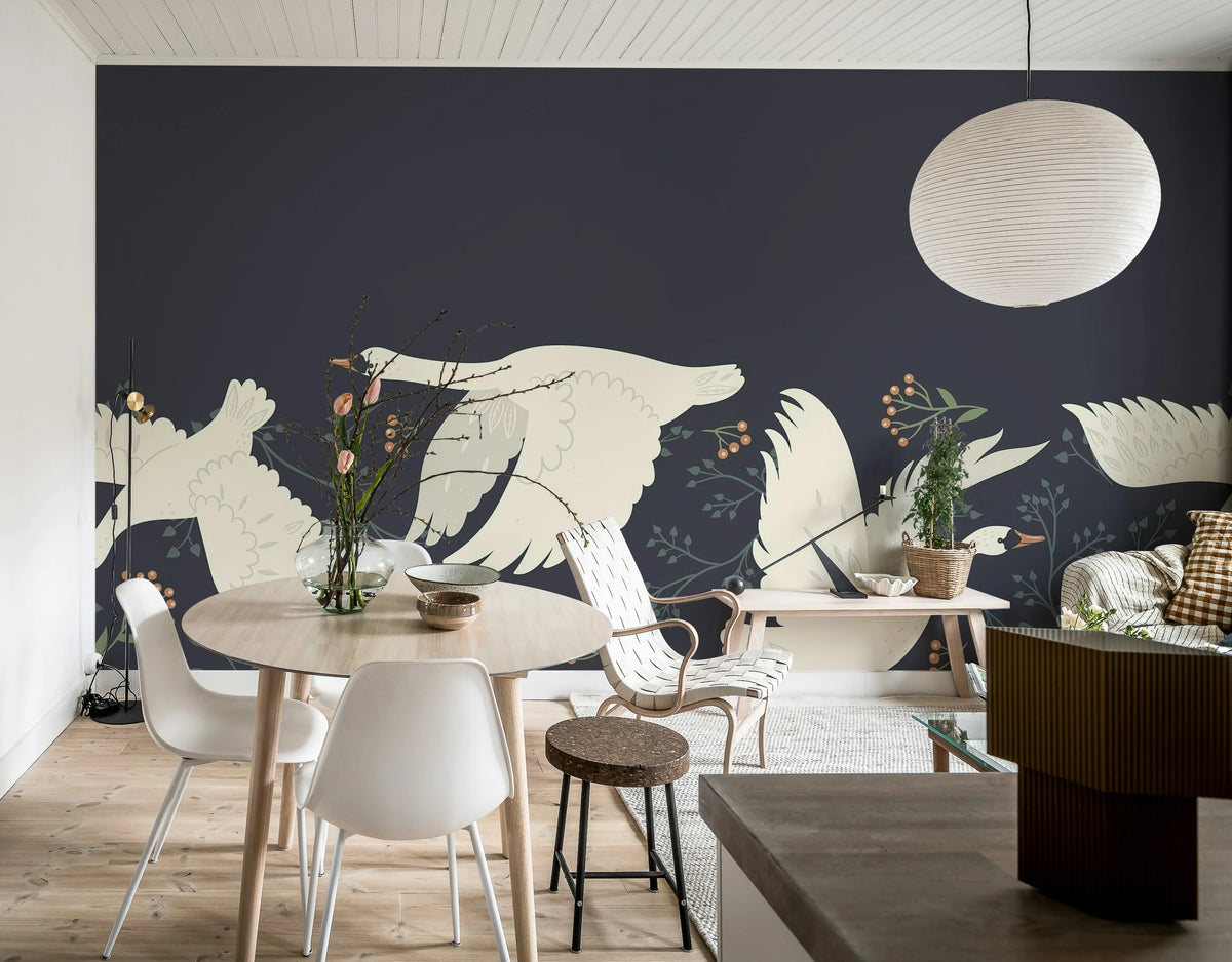 Swan Serenade, Midnight Blue Mural Wallpaper - room preview 03