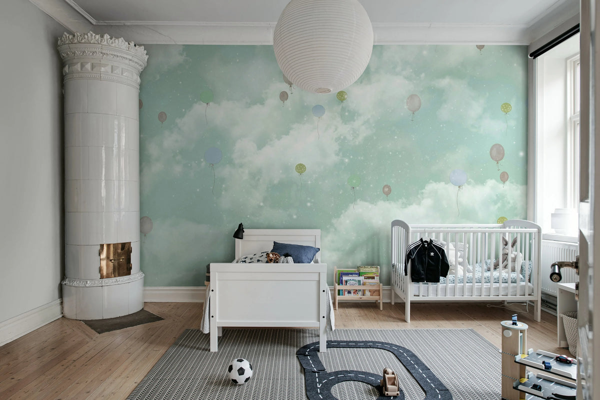 Balloon Clouds, Sky Blue Mural Wallpaper - room preview 03