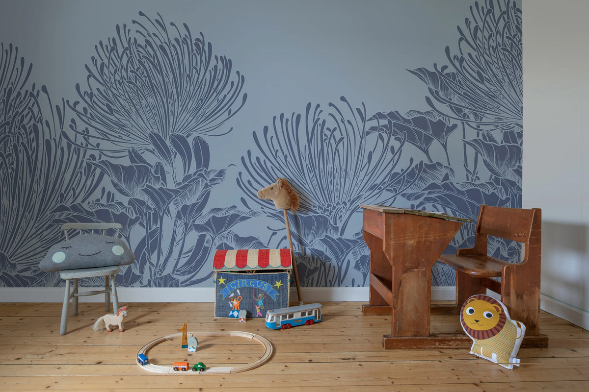 Protea Bloom, Soft Blue Mural Wallpaper - room preview 03