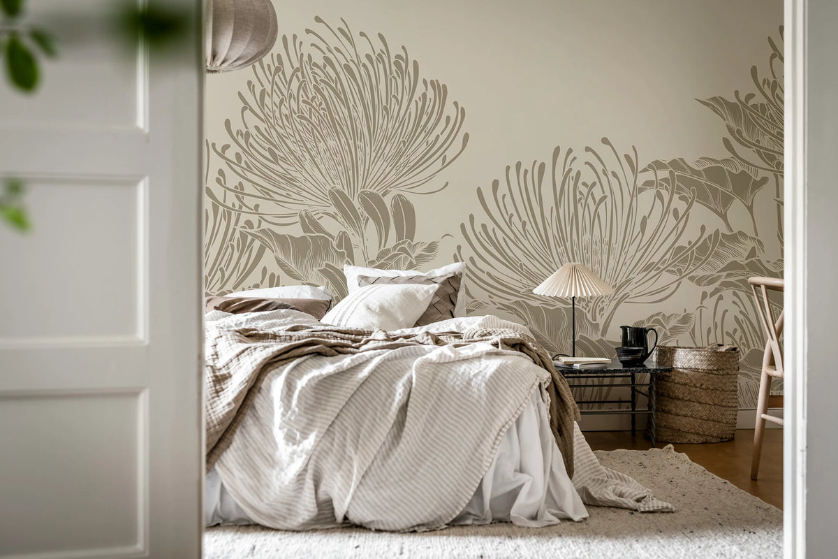 Protea Bloom, Soft Gray Mural Wallpaper - room preview 03