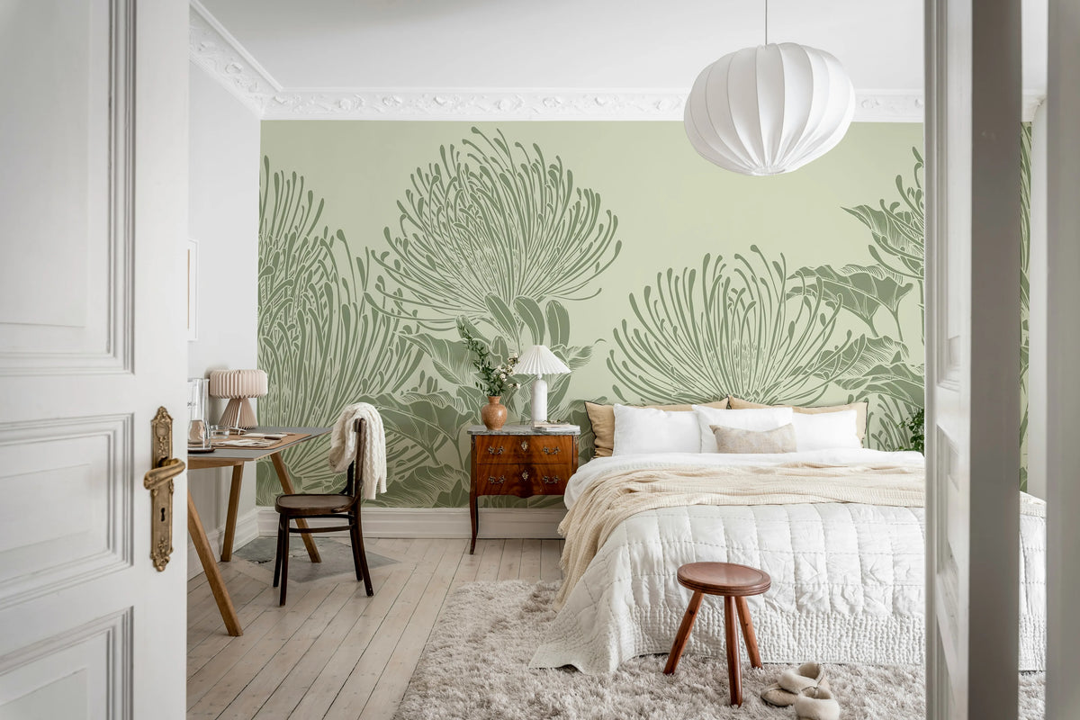 Protea Bloom, Soft Green Mural Wallpaper - room preview 03