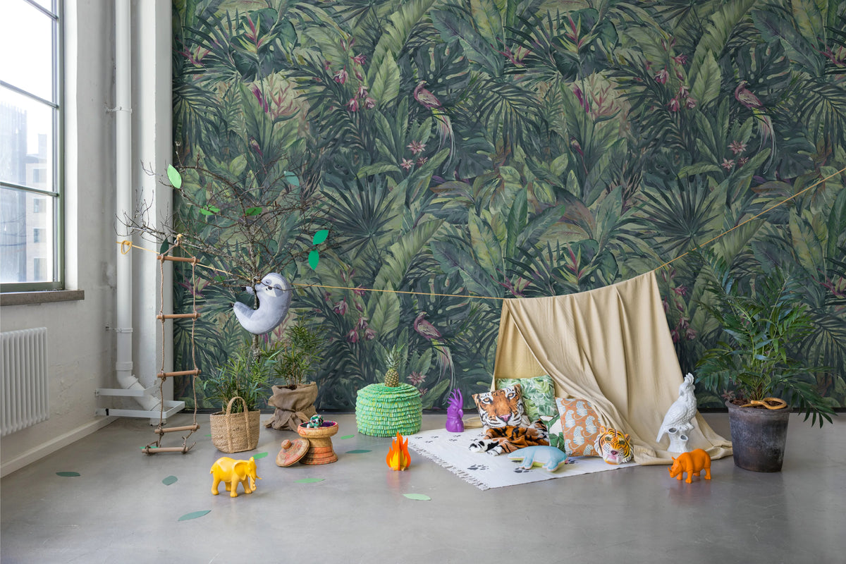 Birds in the Jungle, Blue Mural Wallpaper - room preview 03