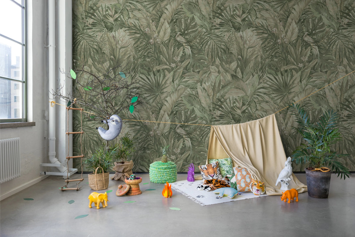 Birds in the Jungle, Light Green Mural Wallpaper - room preview 03