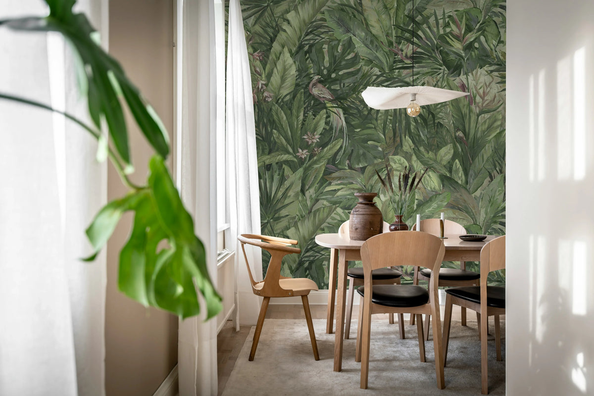 Birds in the Jungle, Green Mural Wallpaper - room preview 03