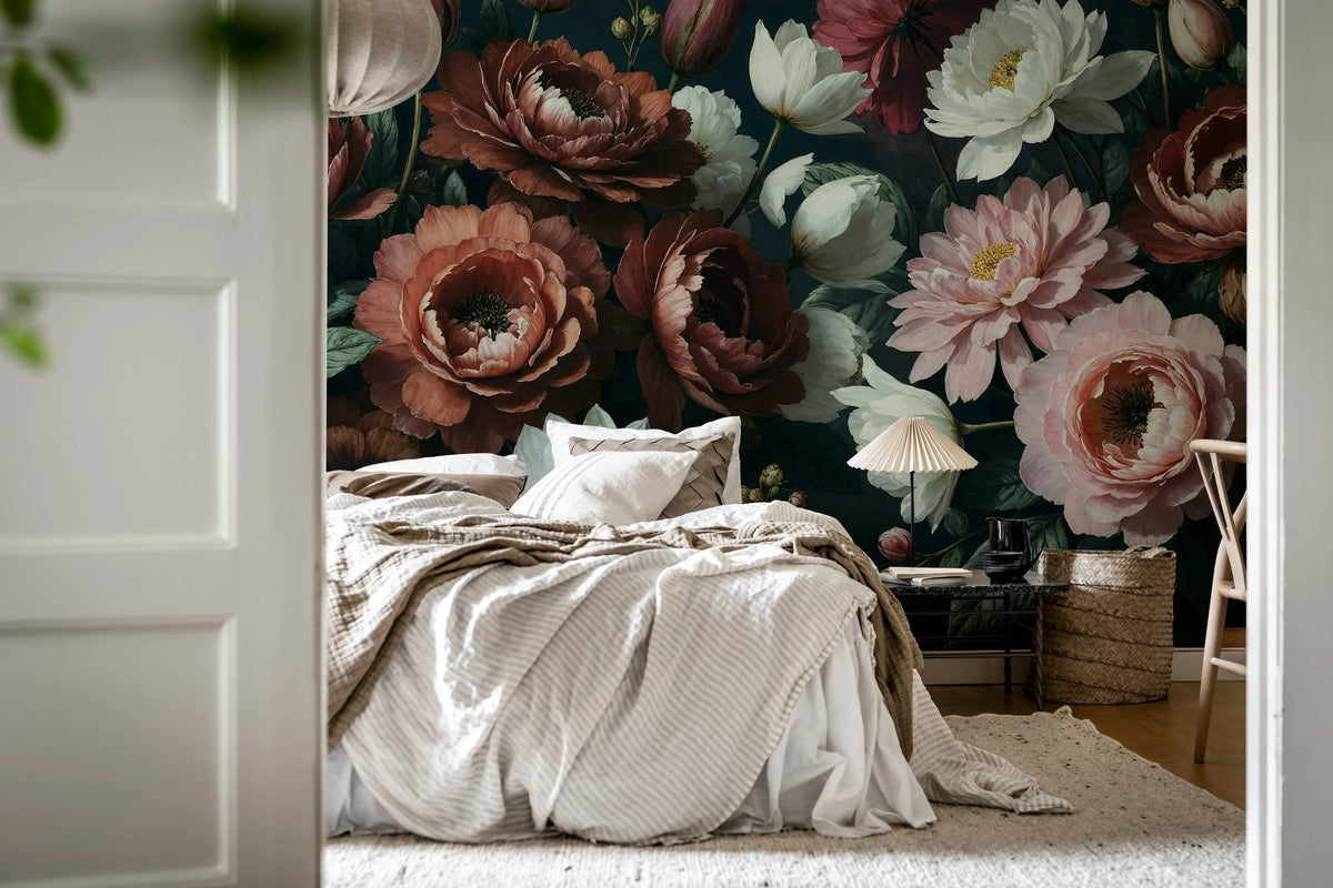 Bouquet in Bloom, Dark Mural Wallpaper - room preview 03