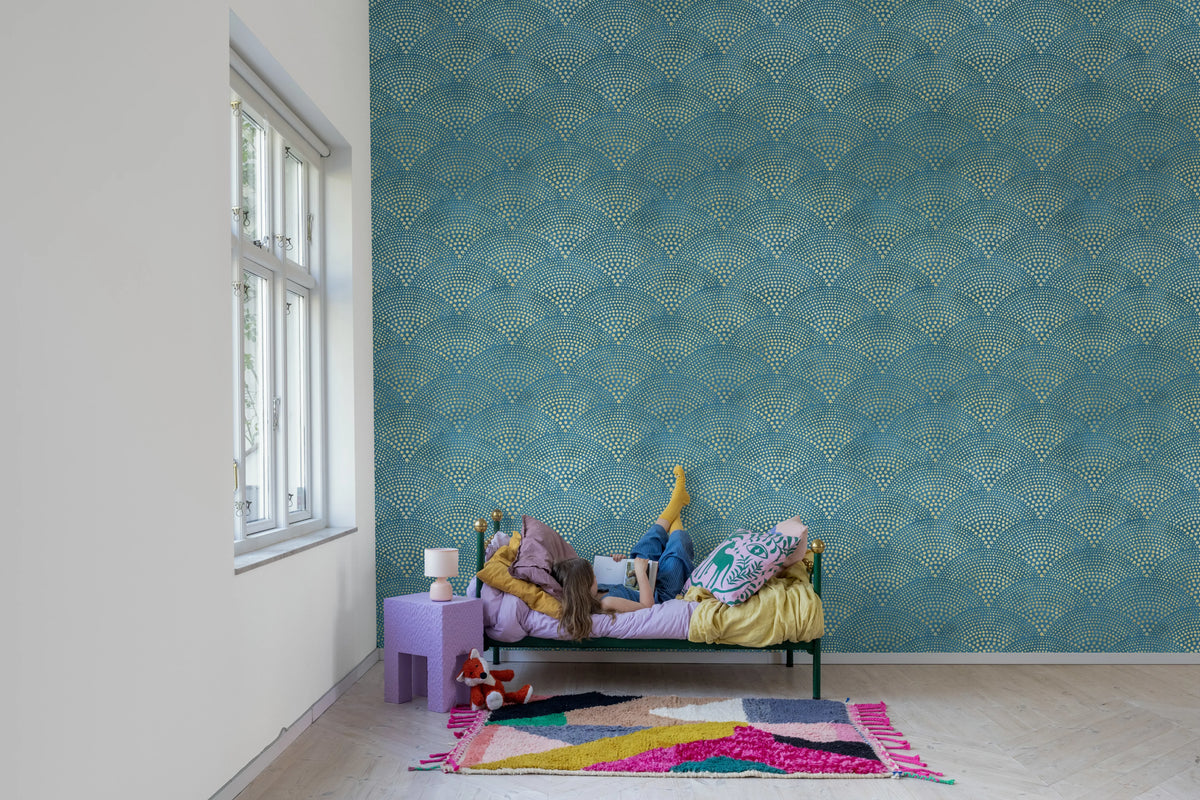 Shimmer Fan, Blue Mural Wallpaper - room preview 03