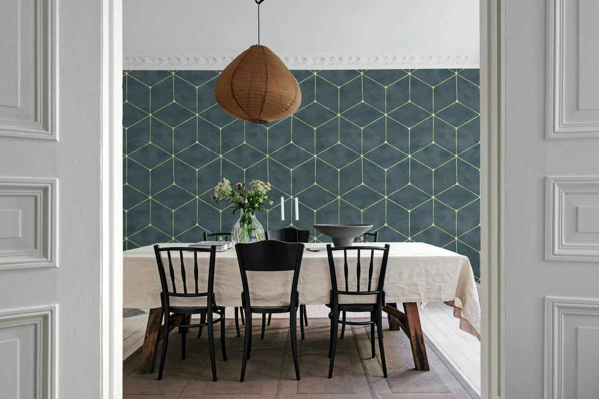 Hexaeder, Blue Mural Wallpaper - room preview 03