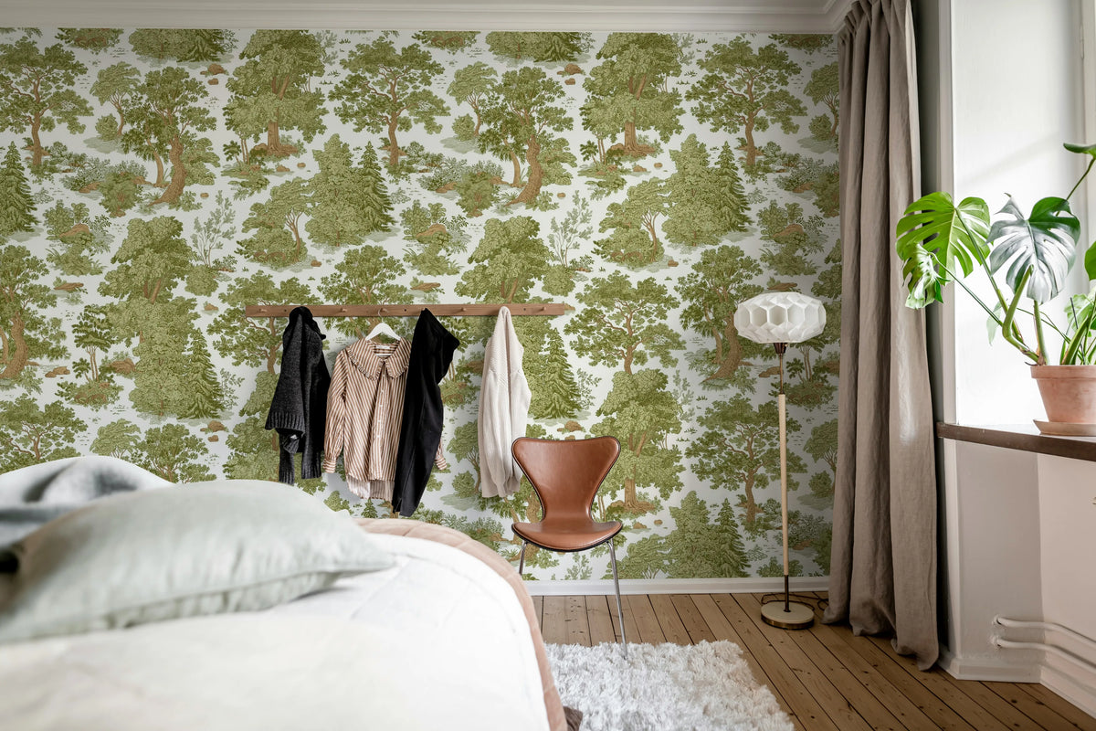 Woodland Toile, Light Green Mural Wallpaper - room preview 03