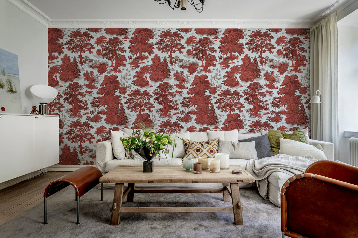 Woodland Toile, Red Mural Wallpaper - room preview 03